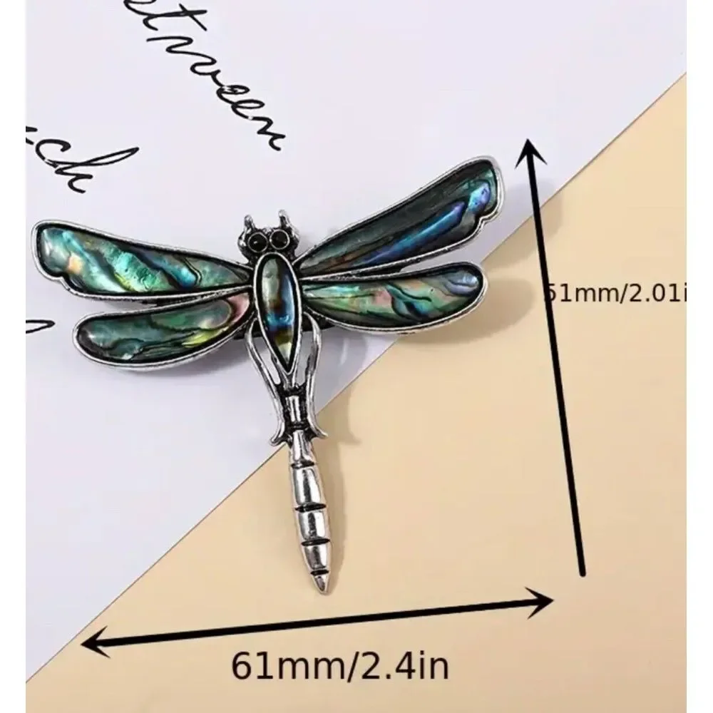 Dragonfly Rainbow Mother of‎ Pearl Shell Silvertone Brooch Pin New